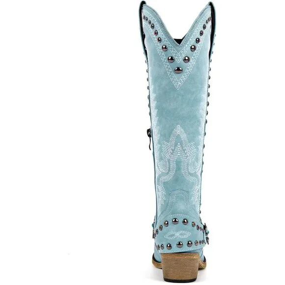 Women's Blue Leather Embroidered Knee High Chunky Heels Western Cowgirl Boots - Picture 4 of 4